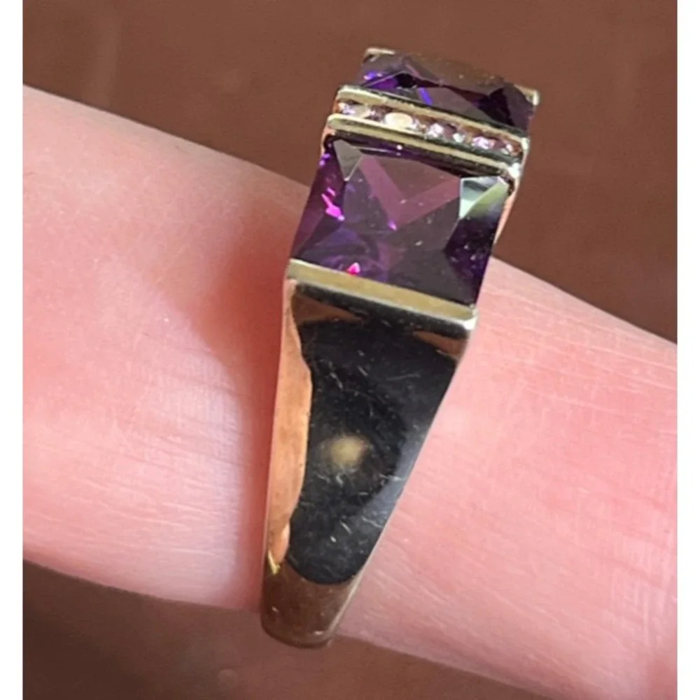 MEDA 14K GOLD PLATED Sterling Silver Bar Ring SQUARE LAB CREATED AMETHYST sz 8